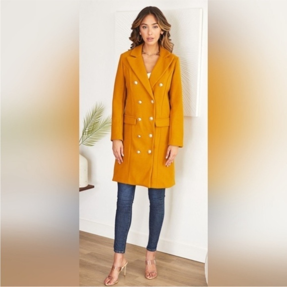 Idealsanxun Stylish Mustard Double-Breasted Pea Coat
